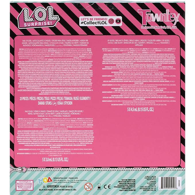 LOL Surprise Townley Girl 11 Pcs Sparkly Cosmetic Makeup Set for Kids Includes 5 Lip Gloss, 5 Nail Polish & Nail Stickers for Girls Tweens, Ages 3+ Perfect for Parties, Sleepovers and Makeovers