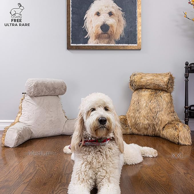 Husband Pillow XXL Ultra Rare Baby Amber Fox Fabulous Faux Fur Backrest, Two-Tone Reversible Double Sided Reading & Bed Rest Pillow with Arms & Neck Roll, Adjustable Memory Foam - Extremely Comfy