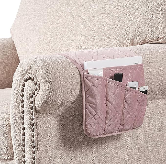 Brilliant Sunshine Pink Velvet Couch Sofa Armrest 5 Pockets Organizer, Slip Resistant Recliner Armchair Caddy, Washable Remote Controls Holder, Storage for Magazine, Tablet, iPad, 35×13", Silver Pink