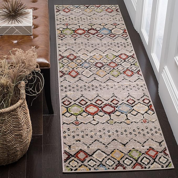 SAFAVIEH Amsterdam Collection Runner Rug - 2'3" x 10', Light Grey & Multi, Moroccan Boho Design, Non-Shedding & Easy Care, Ideal for High Traffic Areas in Living Room, Bedroom (AMS108G)
