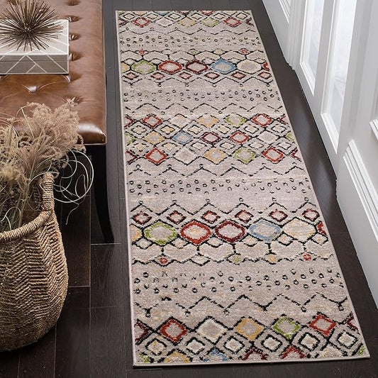 SAFAVIEH Amsterdam Collection Runner Rug - 2'3" x 10', Light Grey & Multi, Moroccan Boho Design, Non-Shedding & Easy Care, Ideal for High Traffic Areas in Living Room, Bedroom (AMS108G)