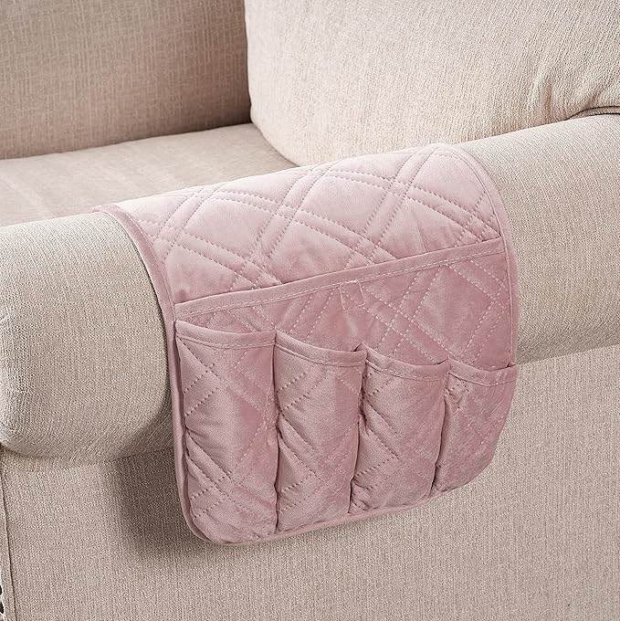 Brilliant Sunshine Pink Velvet Couch Sofa Armrest 5 Pockets Organizer, Slip Resistant Recliner Armchair Caddy, Washable Remote Controls Holder, Storage for Magazine, Tablet, iPad, 35×13", Silver Pink