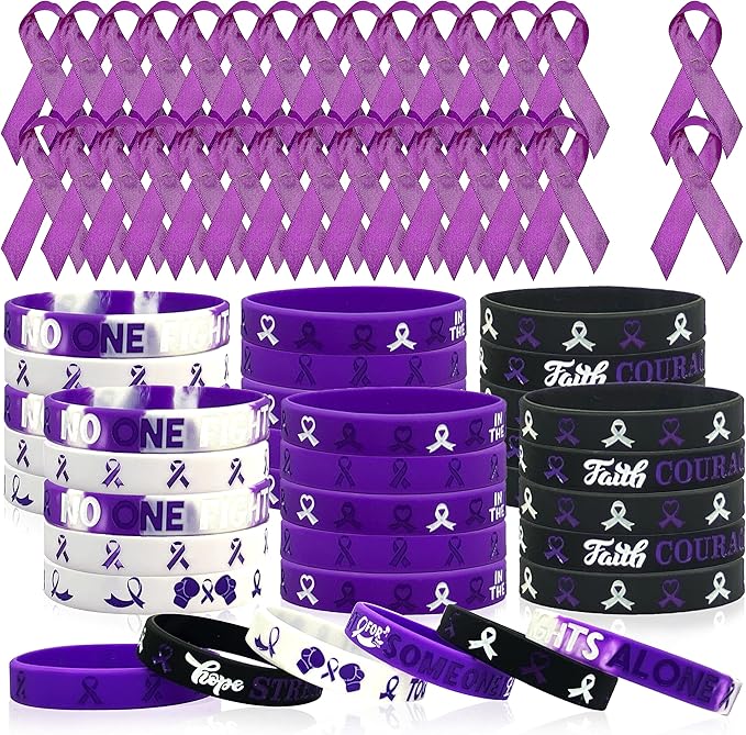 60 Pcs Purple Ribbon Awareness Accessories Stuff Include Purple Ribbon Silicone Bracelet Rubber Wristband and Lapel Buttons Pins for Animal Abuse, Alzheimer's Pancreatic Cancer Gifts Party Supplies