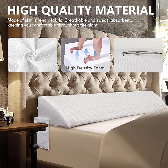 Bed Wedge Pillow for Headboard Gap Bed Mattress Gap Filler (0-8") Between Headboard/Wall and Mattress White Twin Size Foam Support Triangle Bloster Pillow Stoppers with 2 Pockets
