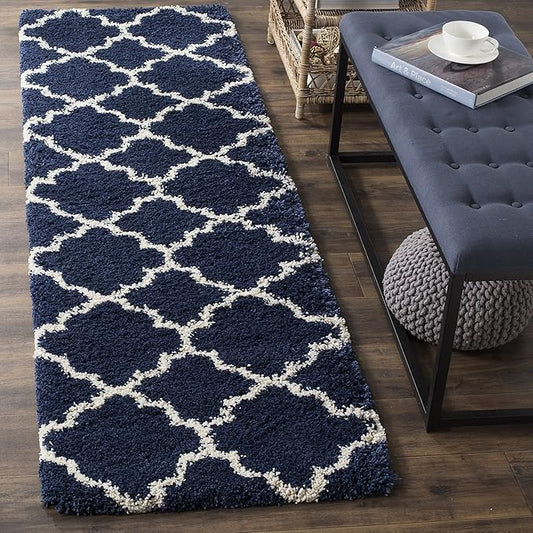SAFAVIEH Hudson Shag Collection Runner Rug - 2'3" x 16', Navy & Ivory, Moroccan Trellis Design, Non-Shedding & Easy Care, 2-inch Thick Ideal for High Traffic Areas in Living Room, Bedroom (SGH282C)