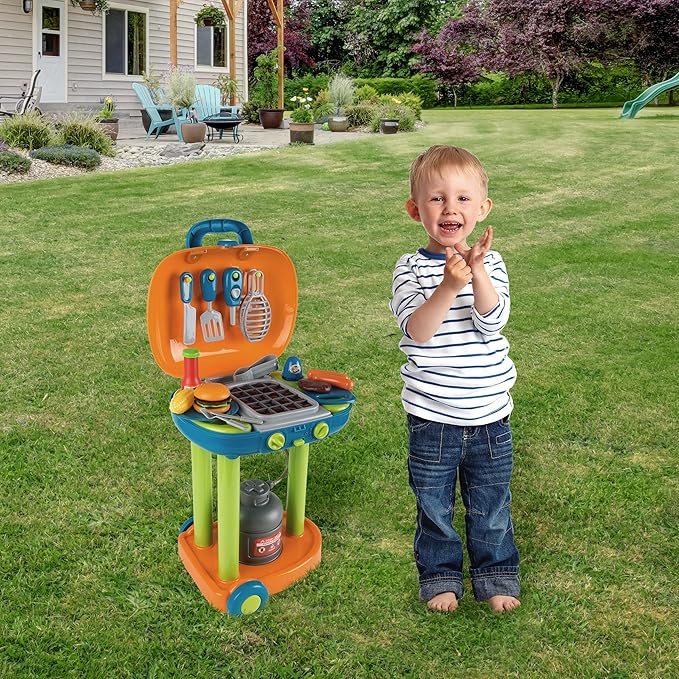 BBQ Grill Toy Set - Interactive Play Kitchen Set with Lights and Sounds, Wheels, Toy Food, and Cooking Accessories by Hey! Play!
