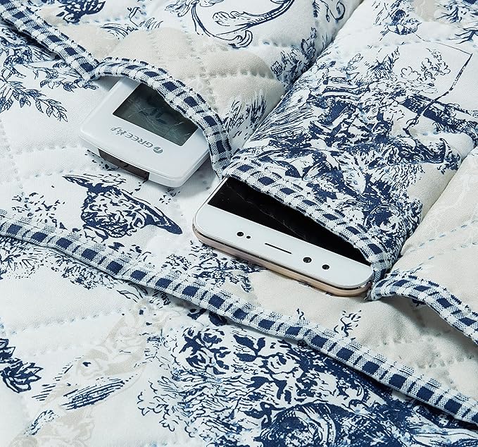 Brilliant Sunshine Blue Toile Couch Sofa Armrest 5 Pockets Organizer, Slip Resistant Recliner Armchair Caddy, Washable Remote Controls Holder, Storage for Magazine, Tablet, Phone, iPad, 35×13", Blue