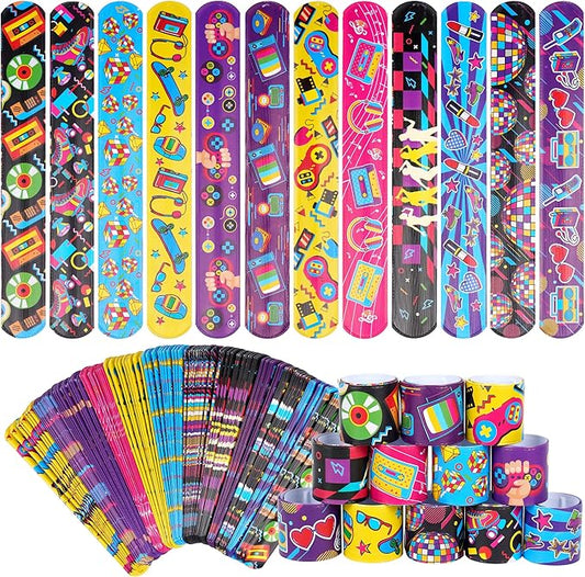 144 Pcs 80s 90s Party Favors Slap Bracelets 80s Wristbands Bracelets Back to 80s 90s Throwback Theme Party Decorations Slap Bracelets Retro Cute Cassette Tape for 80s Adults Birthday Party Supplies