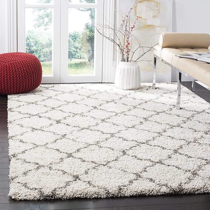 SAFAVIEH Hudson Shag Collection Area Rug - 7' Square, Ivory & Grey, Moroccan Trellis Design, Non-Shedding & Easy Care, 2-inch Thick Ideal for High Traffic Areas in Living Room, Bedroom (SGH282A)