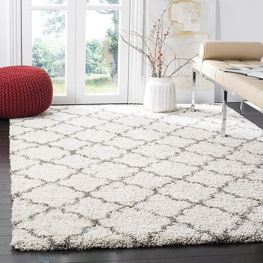 SAFAVIEH Hudson Shag Collection Area Rug - 7' Square, Ivory & Grey, Moroccan Trellis Design, Non-Shedding & Easy Care, 2-inch Thick Ideal for High Traffic Areas in Living Room, Bedroom (SGH282A)