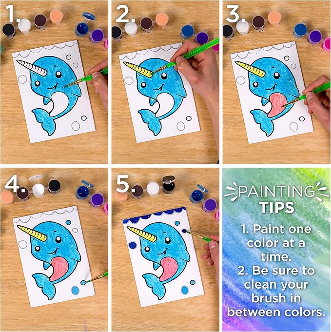 Horizon Group USA Pre-Printed Canvas & Paint Art Set. Ready to Paint 5" x 7" Canvas Panels, 12 Tempera Paints, 6 Easy-Grip Assorted Paintbrushes Included. Avocado, Llama, Rainbow Friends.