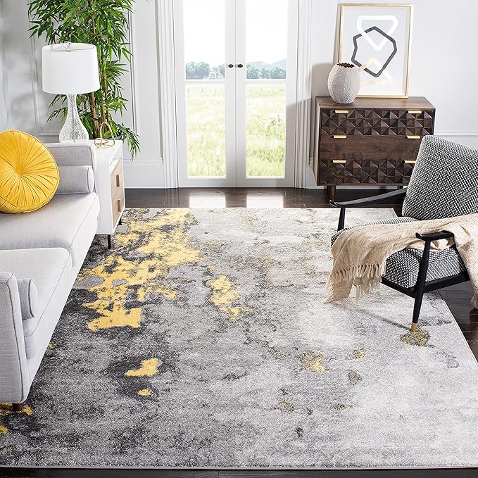 SAFAVIEH Adirondack Collection Area Rug - 8' Square, Grey & Yellow, Modern Abstract Design, Non-Shedding & Easy Care, Ideal for High Traffic Areas in Living Room, Bedroom (ADR134H)