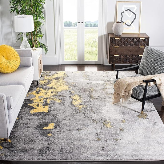 SAFAVIEH Adirondack Collection Area Rug - 8' Square, Grey & Yellow, Modern Abstract Design, Non-Shedding & Easy Care, Ideal for High Traffic Areas in Living Room, Bedroom (ADR134H)