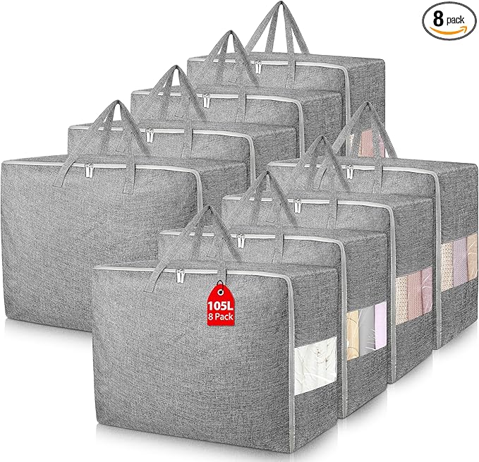 8Pack 105L Extra Large Storage Bags, Folding Moving Comforter Blanket Storage Bags Closet Organizers and Storage Containers for Clothes with Strong Handles&Zippers Clear Window for Bedding Pillow Grey