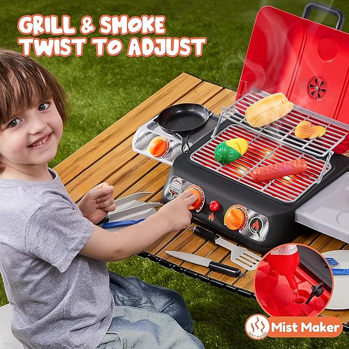 Kids BBQ Grill Playset, Kitchen Toy Set with Pretend Smoke, Light, Sound & Color-Changing Food, Play Kitchen Accessories, Indoor Outdoor Cooking Toy for Boys Girls Kids