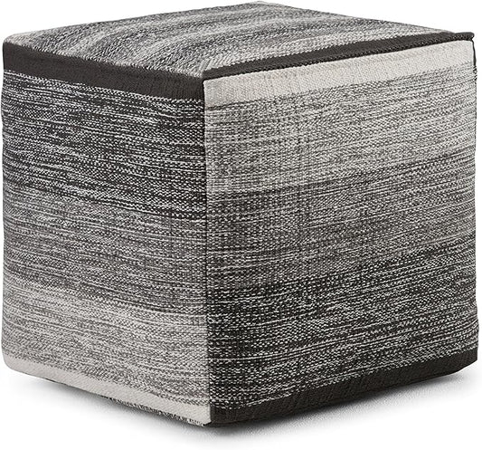 SIMPLIHOME Naya 16 Inch Boho Cube Pouf in Patterned Grey Melange Cotton, For the Living Room, Bedroom and Kids Room
