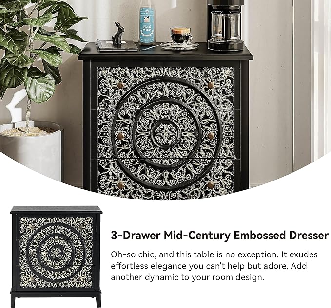 COZAYH 3-Drawer Fully-Assembled Flower Motif Dresser Set of 2 for French Country, Modern, Rustic Style, Distressed Finish, Gold & Black