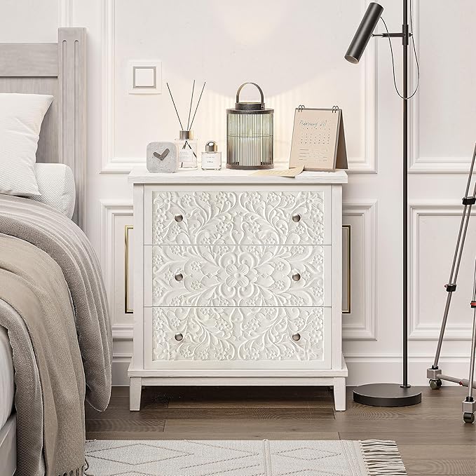 COZAYH 3-Drawer Fully-Assembled Flower Motif Dresser, Set of 2 Nightstand for French Country, Farmhouse, Modern, Rustic Style, Distressed Finish, White-Washed