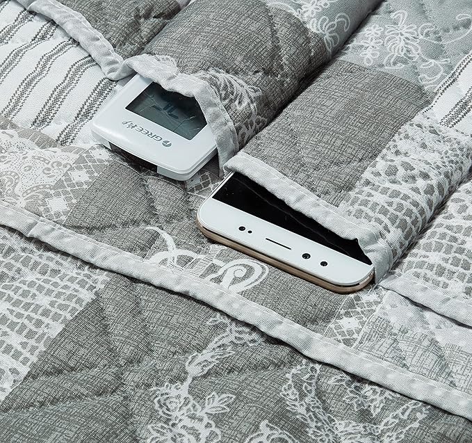 Brilliant Sunshine Grey Floral Patchwork Sofa Armrest 5 Pockets Organizer, Slip Resistant Recliner Armchair Caddy, Washable Remote Controls Holder, Storage for Magazine, Tablet, iPad, 35×13", Grey