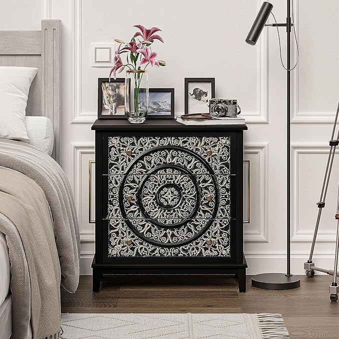 COZAYH 3-Drawer Fully-Assembled Flower Motif Dresser Set of 2 for French Country, Modern, Rustic Style, Distressed Finish, Gold & Black