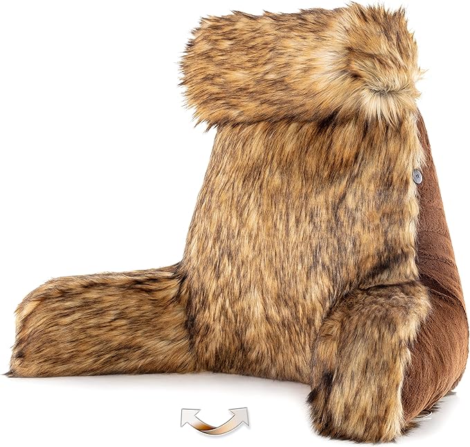 Husband Pillow Medium Limited Baby Brown Bear Fabulous Faux Fur Backrest, 2-Tone Reversible Double Sided Reading & Bed Rest Pillow with Arms & Neck Roll, Adjustable Memory Foam - Extremely Comfy