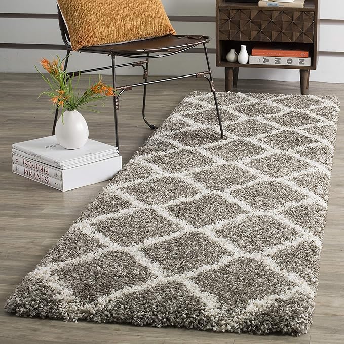 SAFAVIEH Hudson Shag Collection Runner Rug - 2'3" x 12', Grey & Ivory, Moroccan Trellis Design, Non-Shedding & Easy Care, 2-inch Thick Ideal for High Traffic Areas in Living Room, Bedroom (SGH283B)