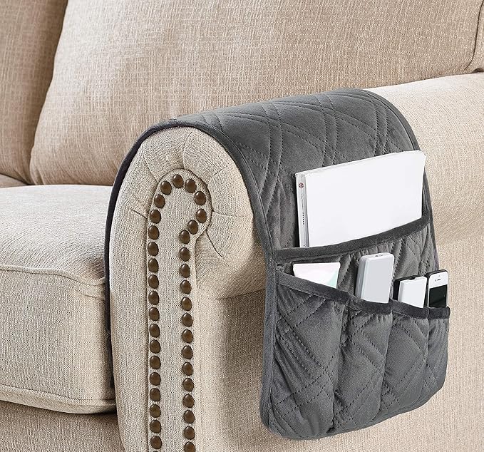 Brilliant Sunshine Grey Velvet Couch Sofa Armrest 5 Pockets Organizer, Slip Resistant Recliner Armchair Caddy, Washable Remote Controls Holder, Storage for Magazine, Tablet, Phone, iPad, 35×13", Grey