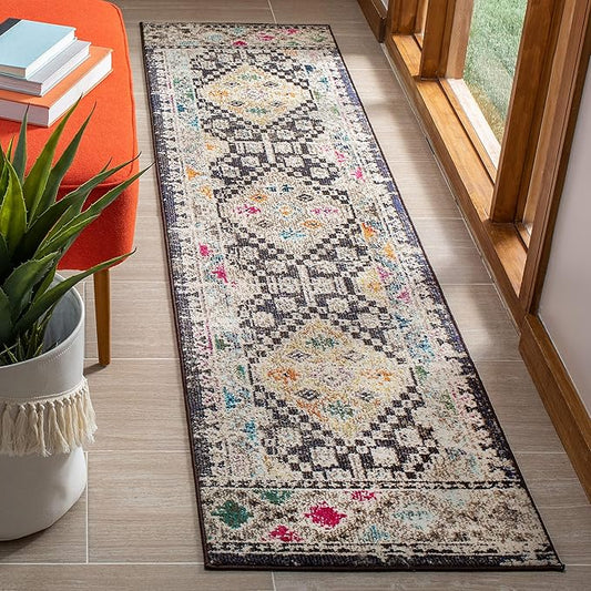 SAFAVIEH Madison Collection Runner Rug - 2'2" x 6', Black & Yellow, Boho Diamond Distressed Design, Non-Shedding & Easy Care, Ideal for High Traffic Areas in Living Room, Bedroom (MAD418Z)
