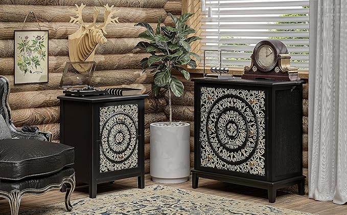COZAYH 3-Drawer Fully-Assembled Flower Motif Dresser Set of 2 for French Country, Modern, Rustic Style, Distressed Finish, Gold & Black