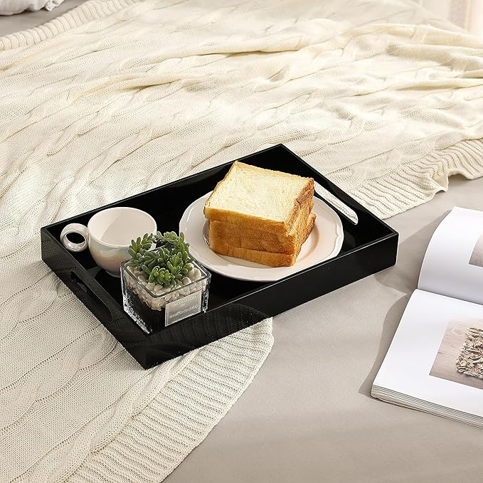 BEYLANG Glossy Black Sturdy Acrylic Serving Tray with Handles-10x15Inch-Serving Coffee,Appetizer,Breakfast,Butler-Kitchen Countertop Tray-Makeup Drawer Organizer-Vanity Table,Ottoman Tray-Decorative