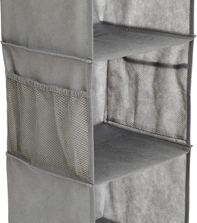 Amazon Basics 6-Tier Hanging Closet Shelf Organizer With Pockets, 8.5" D x 12" W x 9" H, Grey | Organizer, With Pockets