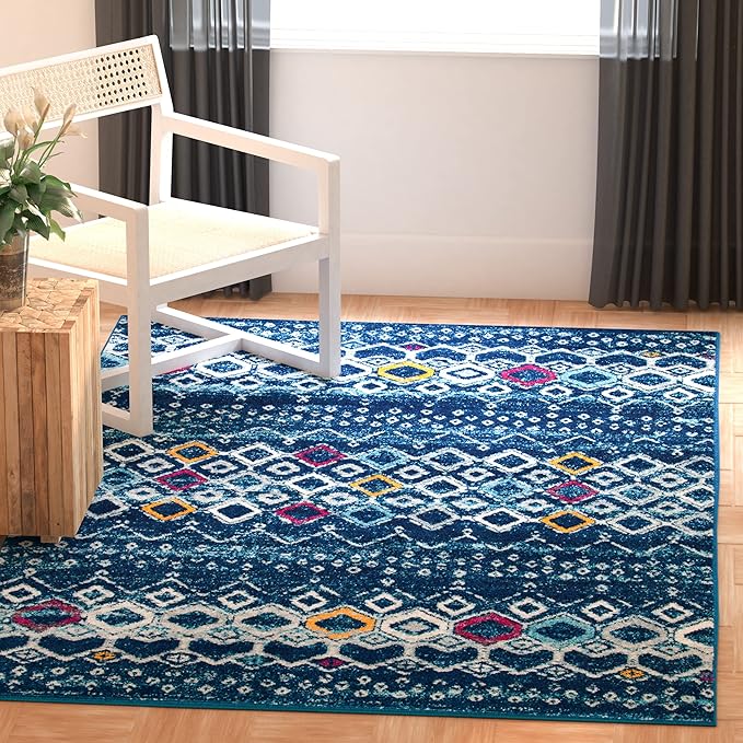SAFAVIEH Amsterdam Collection Accent Rug - 3' x 5', Navy & Turquoise, Moroccan Boho Design, Non-Shedding & Easy Care, Ideal for High Traffic Areas in Entryway, Living Room, Bedroom (AMS108M)