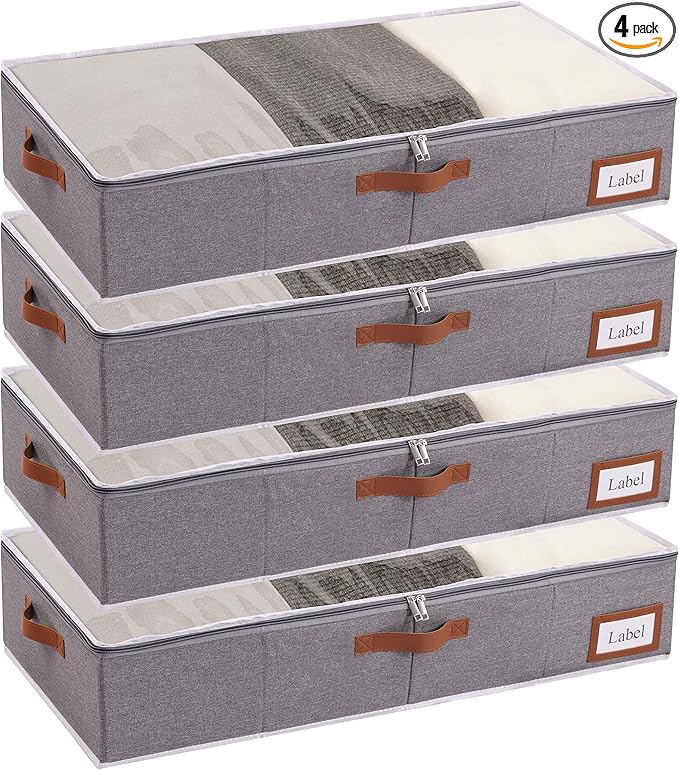 Yawinhe Under Bed Storage Containers, 4 Pack, Bin with Lids, Collapsible Closet Organizers, with Sorting Card Slot and 4 Leather Handles, for Blanket, Bedding, 31.5''Lx15.7''Wx6''H, Grey