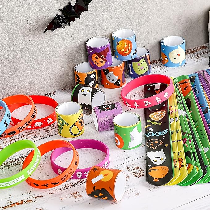 Halloween Party Favors for Kids - 50 Pack Slap Bracelets Halloween Decorations for Party Supplies, 36PCS Friendship Bracelet+14 Rubber Wristbands, Perfect Halloween Snap Bracelets for Halloween Treats