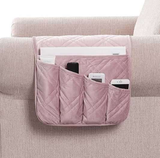 Brilliant Sunshine Pink Velvet Couch Sofa Armrest 5 Pockets Organizer, Slip Resistant Recliner Armchair Caddy, Washable Remote Controls Holder, Storage for Magazine, Tablet, iPad, 35×13", Silver Pink