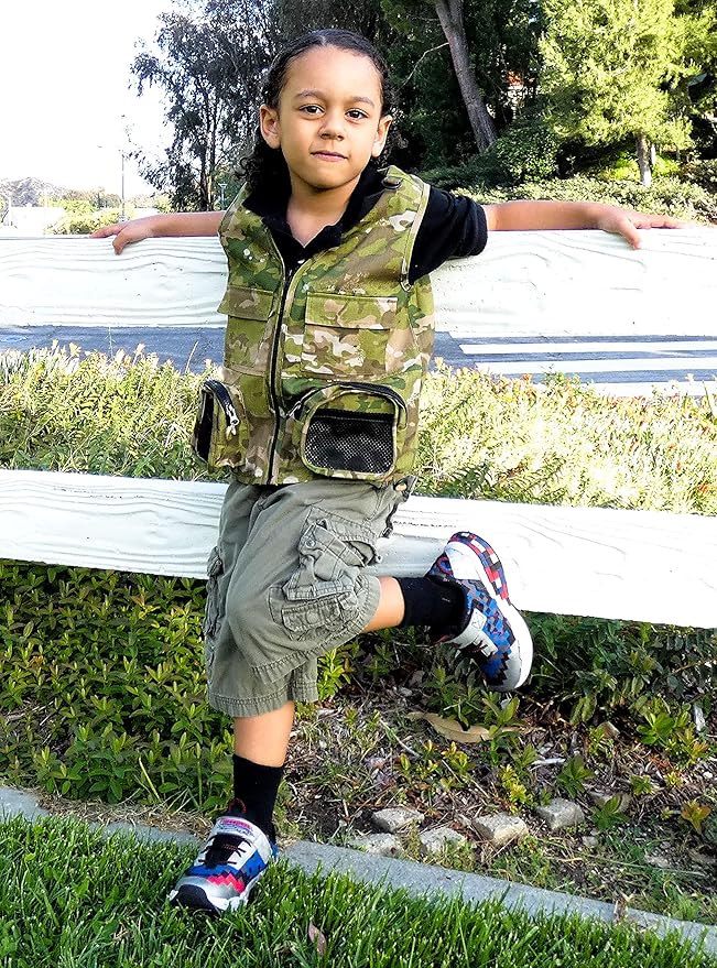 Kids Cargo Vest Set Camouflage Vest and Hat Youth S/M Fits Kids Size 4-7 (Camouflage (Hat and Vest), Small/Medium)
