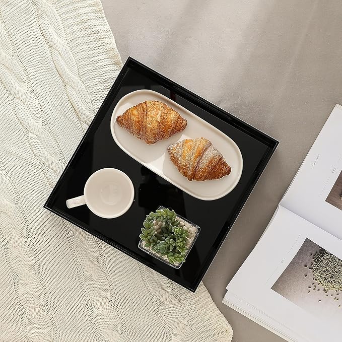 BEYLANG Glossy Black Sturdy Acrylic Serving Tray with Handles-12x12 Inch-Serving Coffee,Appetizer,Breakfast,Butler-Kitchen Countertop Tray-Makeup Drawer Organizer-Vanity Table,Ottoman Tray-Decorative