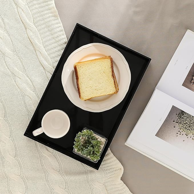 BEYLANG Glossy Black Sturdy Acrylic Serving Tray with Handles-10x15Inch-Serving Coffee,Appetizer,Breakfast,Butler-Kitchen Countertop Tray-Makeup Drawer Organizer-Vanity Table,Ottoman Tray-Decorative