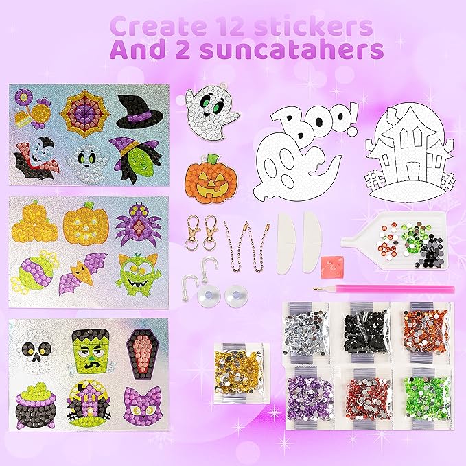Klever Kits Halloween Gem Art Kit, Kids Halloween Art Crafts Party Supplies, Diamond Painting Kit with Stickers, Suncatchers, and Keychains, Party Favor DIY Activities School Game Goodies Gift