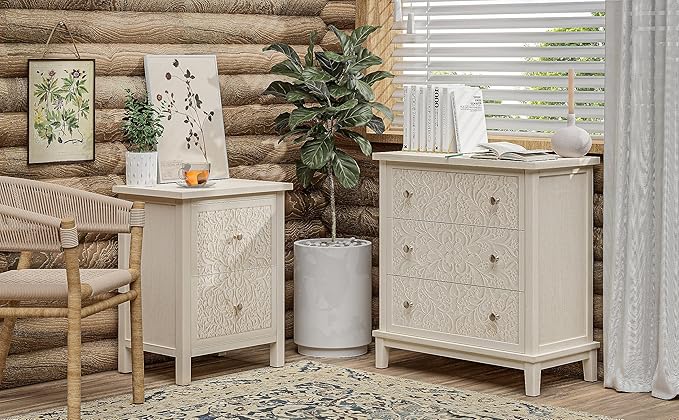 COZAYH 3-Drawer Fully-Assembled Flower Motif Dresser, Set of 2 Nightstand for French Country, Farmhouse, Modern, Rustic Style, Distressed Finish, White-Washed