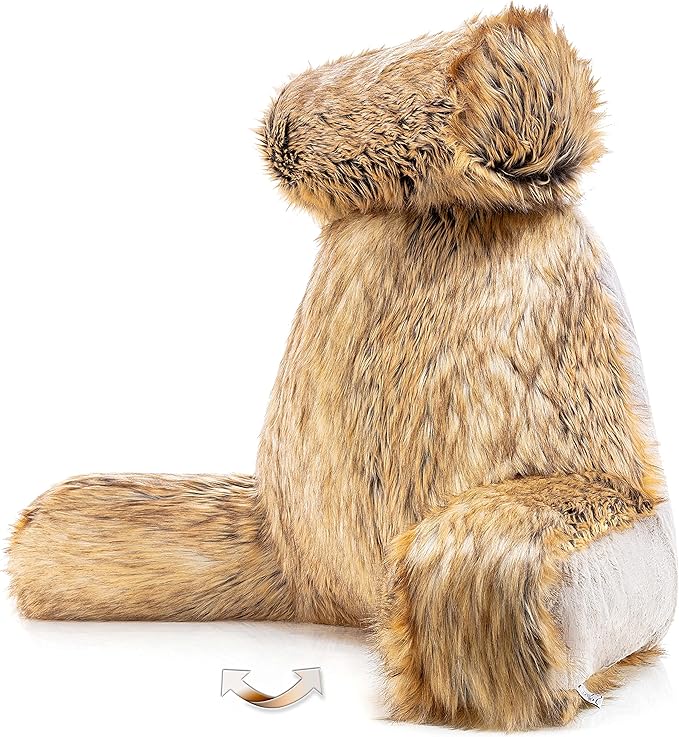 Husband Pillow XXL Ultra Rare Baby Amber Fox Fabulous Faux Fur Backrest, Two-Tone Reversible Double Sided Reading & Bed Rest Pillow with Arms & Neck Roll, Adjustable Memory Foam - Extremely Comfy
