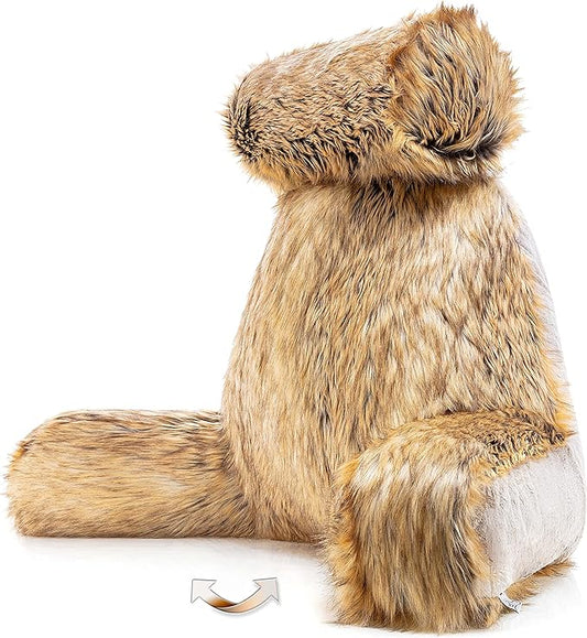 Husband Pillow XXL Ultra Rare Baby Amber Fox Fabulous Faux Fur Backrest, Two-Tone Reversible Double Sided Reading & Bed Rest Pillow with Arms & Neck Roll, Adjustable Memory Foam - Extremely Comfy