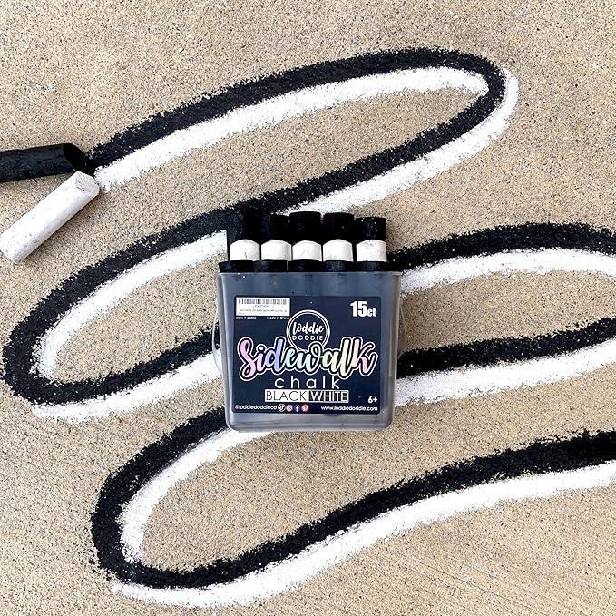 Loddie Doddie 15ct Bucket of Black & White Jumbo Sidewalk Chalk - Non-Toxic Sticks - Reusable Bucket for Fun & Creativity with Easy Cleanup
