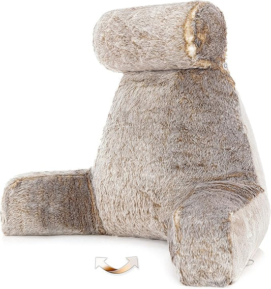 Husband Pillow XXL Ultra Rare Baby Chinchilla Backrest, Two-Tone Reversible Double Sided Fabulous Faux Fur Reading & Bed Rest Pillow with Arms & Neck Roll, Adjustable Memory Foam - Extremely Comfy