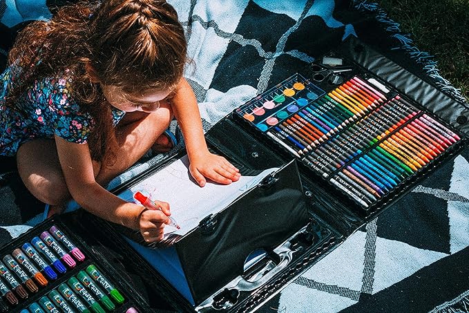 Art 101 USA Budding Artist 154 Pc Junior Artist Trifold Easel Set, Includes markers, crayons, oil pastels, watercolor paints, and colored pencils, Case, pop up easel, Portable Art Studio , White