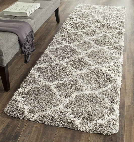 SAFAVIEH Hudson Shag Collection Runner Rug - 2'3" x 18', Grey & Ivory, Moroccan Trellis Design, Non-Shedding & Easy Care, 2-inch Thick Ideal for High Traffic Areas in Living Room, Bedroom (SGH282B)