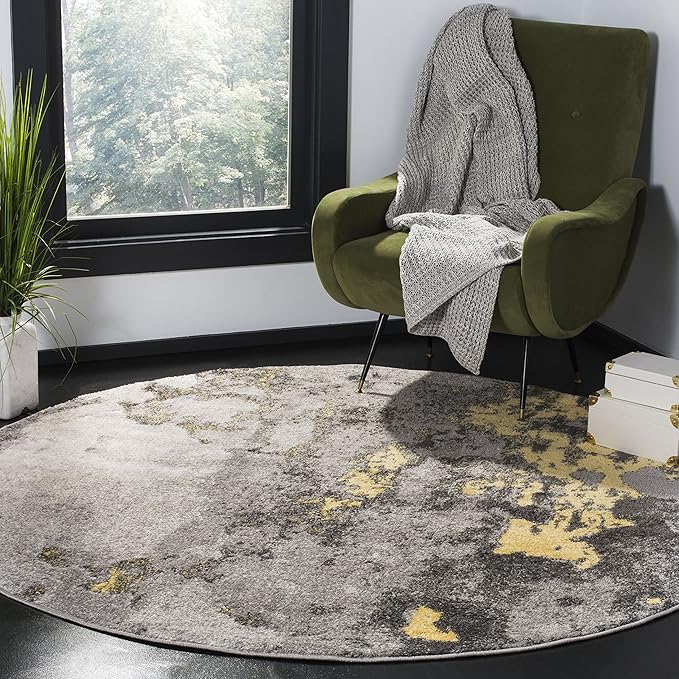SAFAVIEH Adirondack Collection 8' Round Grey / Yellow ADR134H Modern Abstract Non-Shedding Living Room Bedroom Area Rug