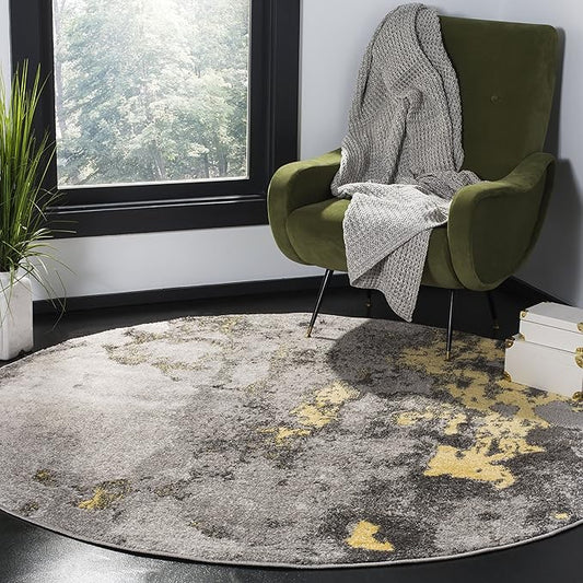 SAFAVIEH Adirondack Collection 8' Round Grey / Yellow ADR134H Modern Abstract Non-Shedding Living Room Bedroom Area Rug
