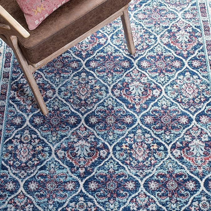 SAFAVIEH Brentwood Collection 3' x 5' Navy / Red BNT870N Oriental Damask Trellis Non-Shedding Living Room Bedroom Accent Rug